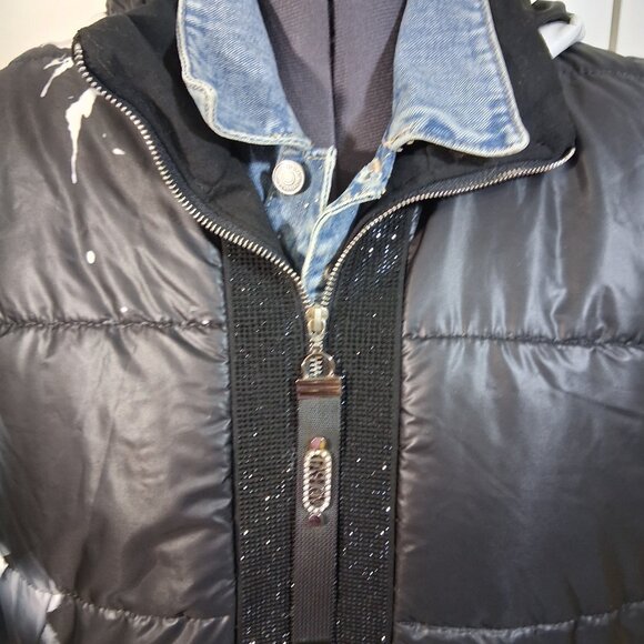 Black White Rose with Crystals Hooded Puffer Vest XL - Picture 5 of 14